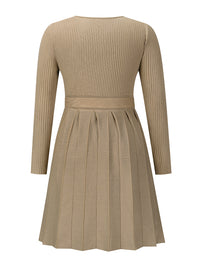 Thumbnail for Surplice Neck Tie Front Pleated Sweater Dress