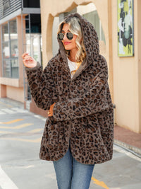 Thumbnail for Leopard Hooded Coat with Pockets