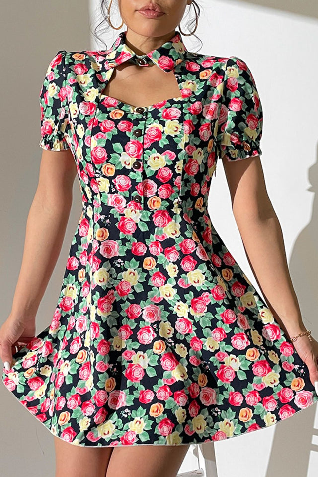 Floral Buttoned Cutout Puff Sleeve Dress