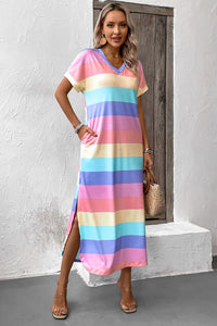 Thumbnail for Color Block V-Neck Short Sleeve Slit Dress with Pockets