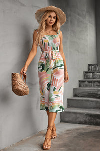 Thumbnail for Printed Ruffle Strap Smocked Belted Jumpsuit