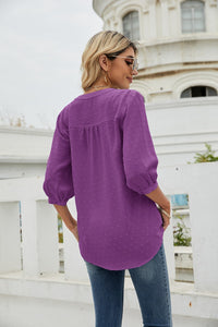 Thumbnail for Swiss Dot Notched Neck Three-Quarter Sleeve Blouse