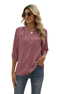 Thumbnail for Swiss Dot Notched Neck Three-Quarter Sleeve Blouse