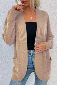 Thumbnail for Open Front Rib-Knit Cardigan with Pockets