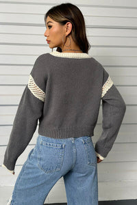 Thumbnail for Contrast Openwork Long Sleeve V-Neck Sweater