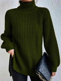 Thumbnail for Full Size Turtleneck Rib-Knit Slit Sweater