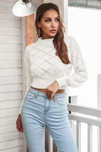 Thumbnail for Openwork Plaid Round Neck Cropped Sweater