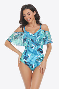 Thumbnail for Botanical Print Cold-Shoulder Layered One-Piece Swimsuit