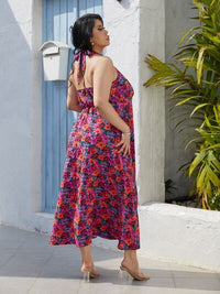 Thumbnail for Plus Size Slit Floral Halter Neck Dress