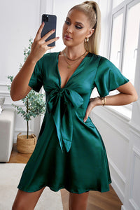 Thumbnail for Tie Front Plunge Flutter Sleeve Mini Dress