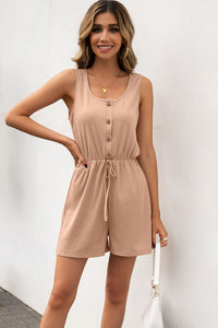 Thumbnail for Buttoned Round Neck Sleeveless Romper