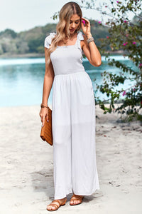 Thumbnail for Frill Trim Tie Shoulder Wide Leg Jumpsuit with Pockets