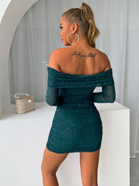 Thumbnail for Glitter Mesh Off-Shoulder Ruched Mini Dress