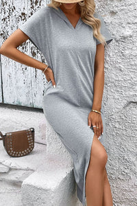 Thumbnail for Short Sleeve Front Slit Hooded Dress