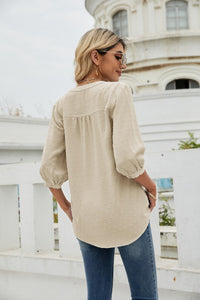 Thumbnail for Swiss Dot Notched Neck Three-Quarter Sleeve Blouse