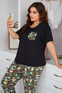 Thumbnail for Plus Size Contrast Round Neck Tee and Floral Pants Lounge Set