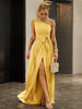 One-Shoulder Belted Front Split Dress
