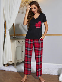 Thumbnail for Heart Graphic V-Neck Top and Plaid Pants Lounge Set