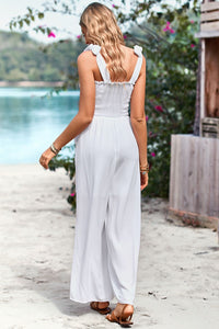 Thumbnail for Frill Trim Tie Shoulder Wide Leg Jumpsuit with Pockets