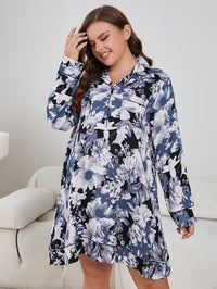 Thumbnail for Plus Size Floral Lapel Collar Long Sleeve Night Dress