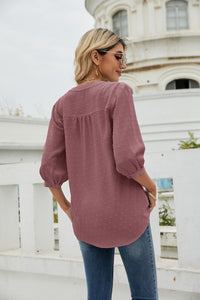 Thumbnail for Swiss Dot Notched Neck Three-Quarter Sleeve Blouse