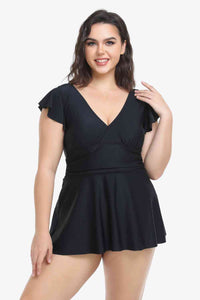 Thumbnail for Plus Size Ruffled Plunge Swim Dress and Bottoms Set