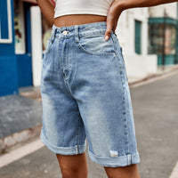 Thumbnail for Distressed Buttoned Denim Shorts with Pockets