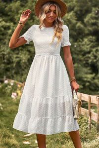 Thumbnail for Swiss Dot Smocked Round Neck Short Sleeve Midi Dress