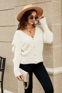 Thumbnail for Puff Sleeve V-Neck Fuzzy Cardigan