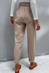 Thumbnail for Drawstring Paperbag Waist Button Detail Pants