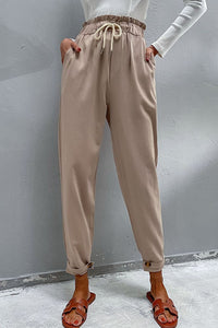 Thumbnail for Drawstring Paperbag Waist Button Detail Pants