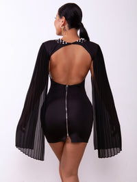 Thumbnail for Backless Pearl Detail Pleated Split Sleeve Dress