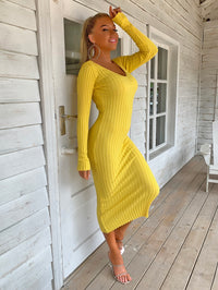 Thumbnail for Ribbed V-Neck Midi Sweater Dress