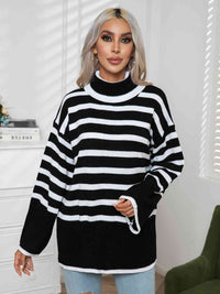 Thumbnail for Striped Slit Turtleneck Drop Shoulder Sweater
