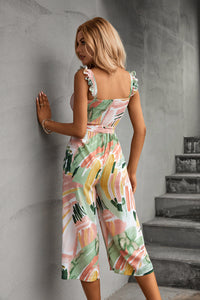 Thumbnail for Printed Ruffle Strap Smocked Belted Jumpsuit