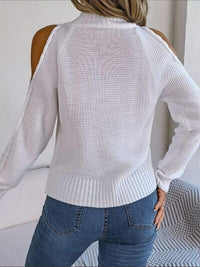 Thumbnail for Cable-Knit Turtleneck Cold Shoulder Sweater