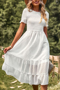 Thumbnail for Swiss Dot Smocked Round Neck Short Sleeve Midi Dress