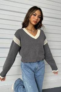 Thumbnail for Contrast Openwork Long Sleeve V-Neck Sweater