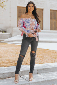 Thumbnail for Printed Off-Shoulder Flounce Sleeve Belted Blouse