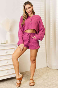 Thumbnail for Basic Bae Buttoned Long Sleeve Top and Shorts Set
