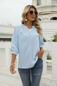 Thumbnail for Swiss Dot Notched Neck Three-Quarter Sleeve Blouse