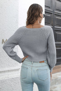Thumbnail for Cropped Round Neck Raglan Sleeve Ribbed Pullover Sweater