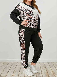 Thumbnail for Plus Size Leopard Sweatshirt and Sweatpants Set