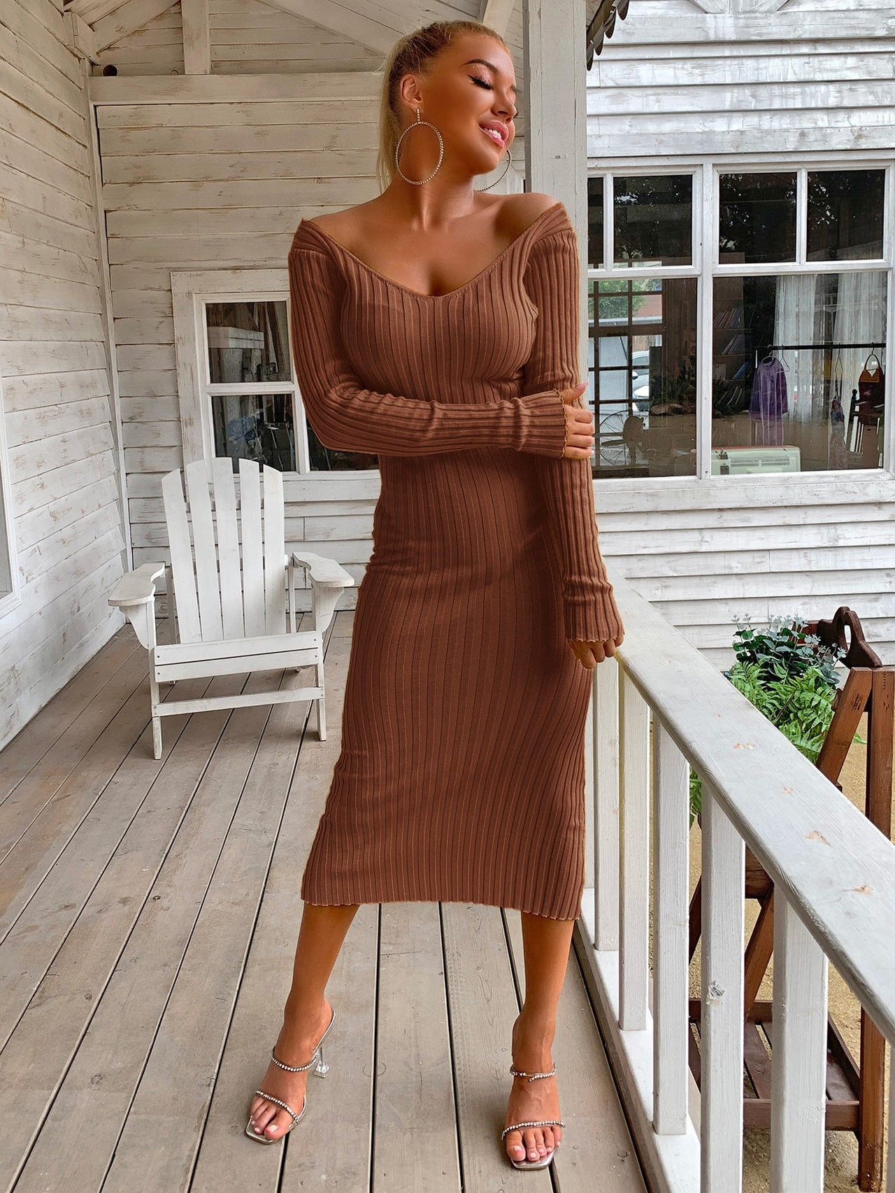 Ribbed V-Neck Midi Sweater Dress