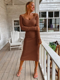 Thumbnail for Ribbed V-Neck Midi Sweater Dress