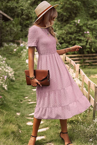 Thumbnail for Swiss Dot Smocked Round Neck Short Sleeve Midi Dress