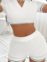 Thumbnail for Waffle-Knit Collared Neck Cropped Top and Shorts Set