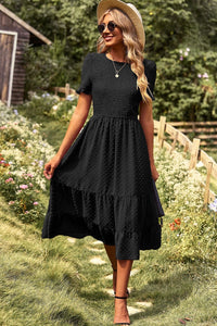 Thumbnail for Swiss Dot Smocked Round Neck Short Sleeve Midi Dress