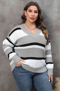 Thumbnail for Plus Size Striped V-Neck Dropped Shoulder Sweater