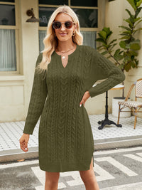 Thumbnail for Notched Neck Cable-Knit Slit Sweater Dress